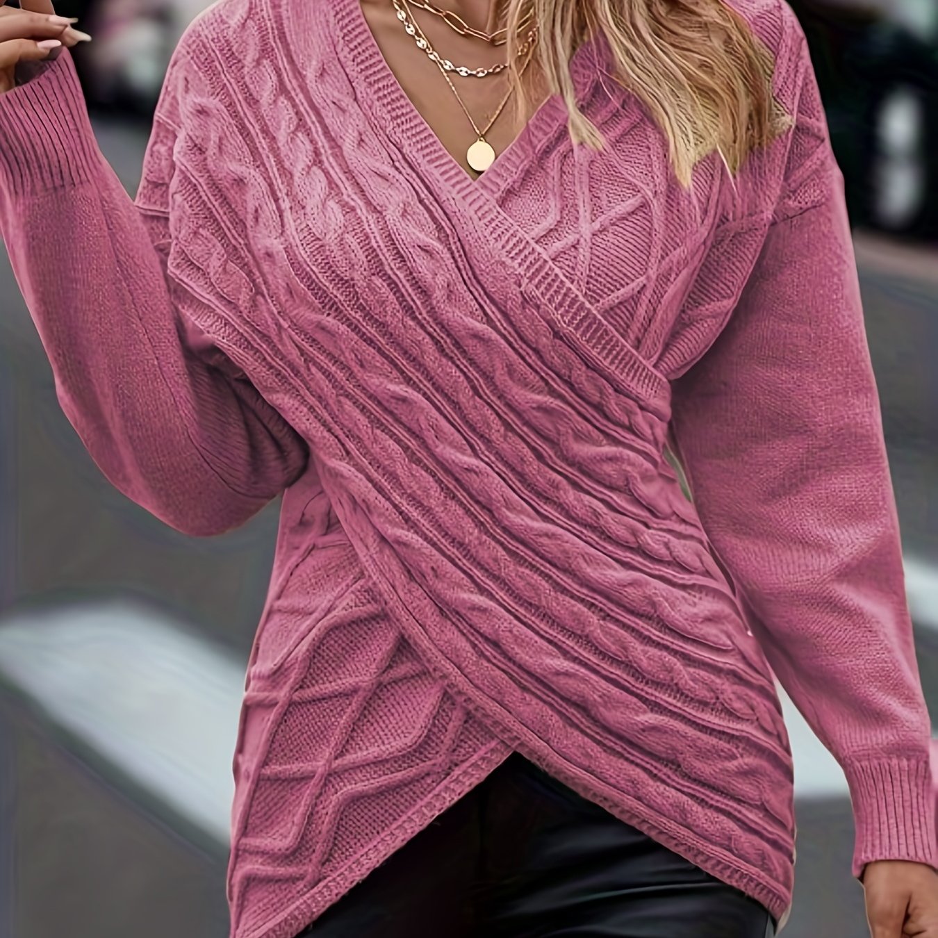 Plus Size Elegant Sweater, Women's Plus Solid Cable Drop Shoulder Long Sleeve Wrap Cross V Neck Jumper Rose Color