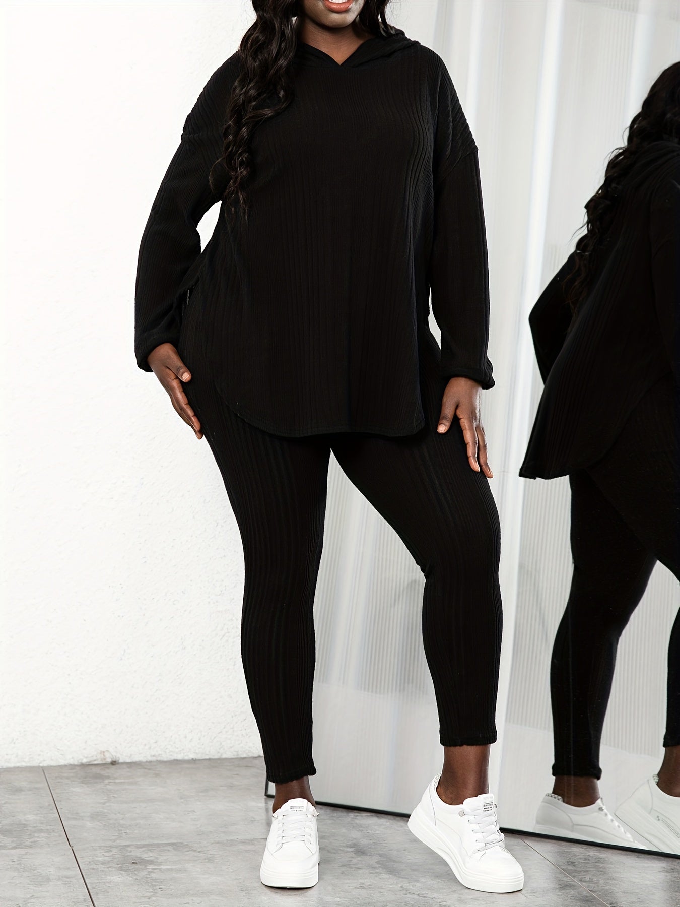 Plus Size Rib Knit Solid Long Sleeve Hoodie Tops & Leggings Set, Women's Plus High Stretch Casual 2pcs Set Co-ords