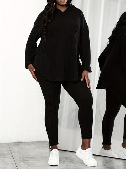 Plus Size Rib Knit Solid Long Sleeve Hoodie Tops & Leggings Set, Women's Plus High Stretch Casual 2pcs Set Co-ords