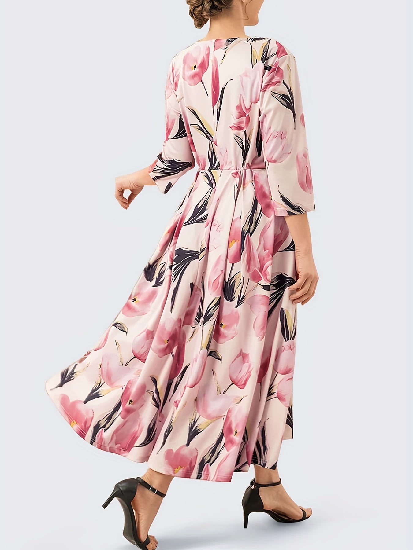 Plus Size Casual Dress, Women's Plus Floral Print Half Sleeve Square Neck Medium Stretch Maxi Dress