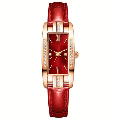 Lady Quartz Small Watch With Square Roman Numerals Dial Vintage Dress Watch Rhinestone Wristwatches Red