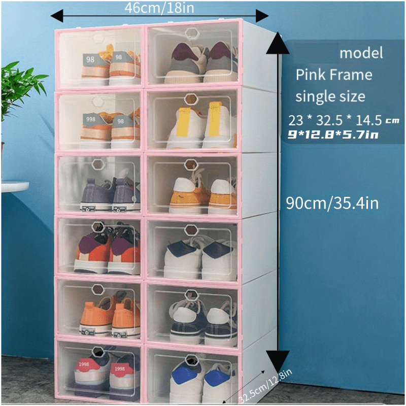 12pcs Thickened Plastic Shoes Boxes, Transparent Easy Assembly Shoes Organizer, Dustproof PP Shoes Box For Men And Women, Side Opening Door Shoes Cabinet, High Quality Shoes Storage Box Pink