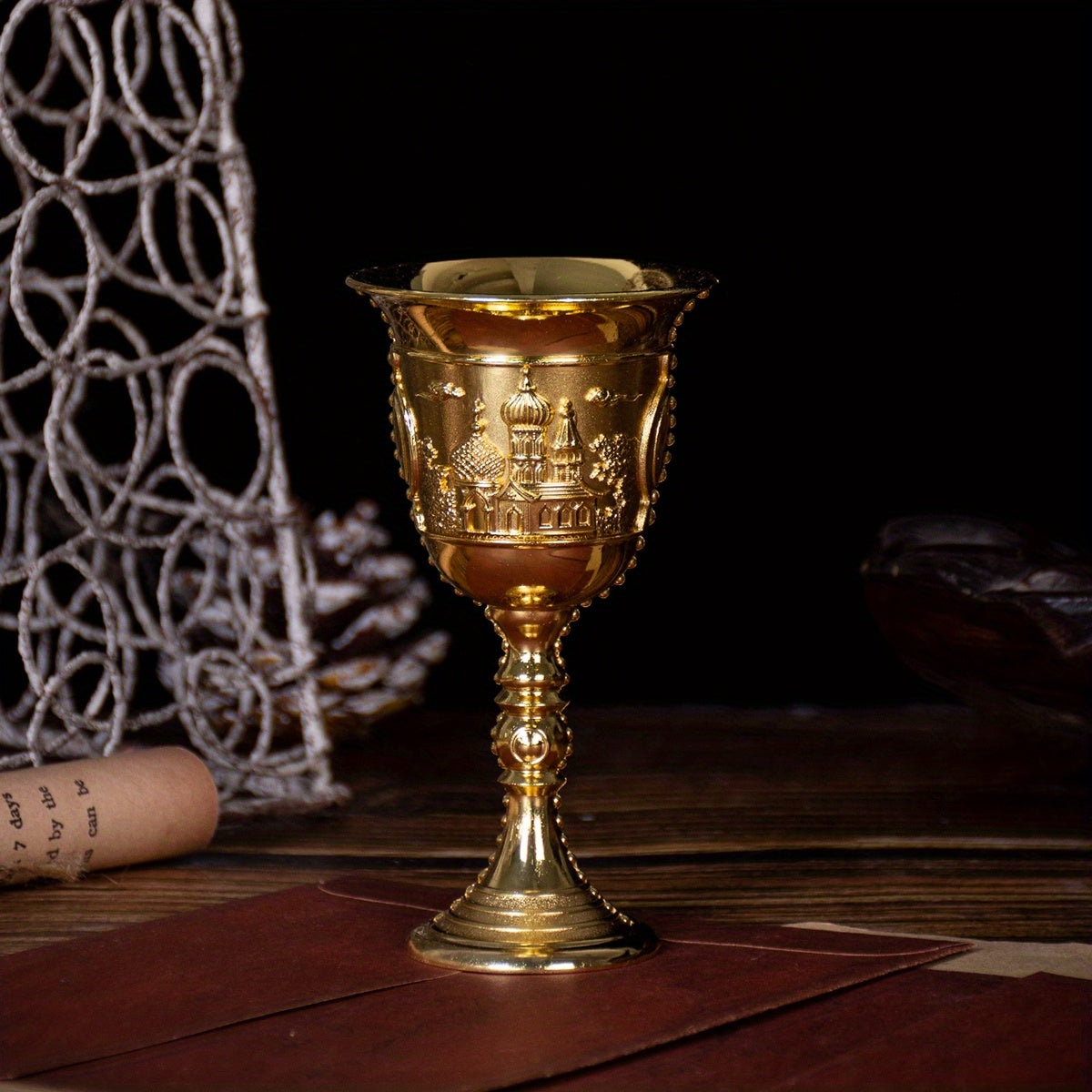 1pc, Chalice Golblet, Vintage Metal Embossed Wine Cup, Summer Winter Drinkware, Home Kitchen Items, Mother's Day Gifts, Father's Day Gifts Golden