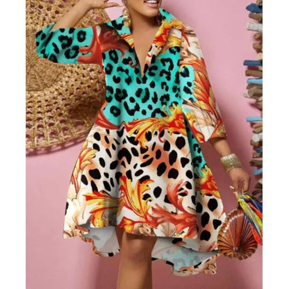 Women Sexy Fashion Printed Shirt Dresses Chic V Neck Loose Long Sleeve Dress Causal Vacation Female Mini Vestidos Robe Clothing