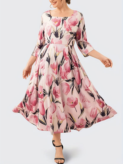 Plus Size Casual Dress, Women's Plus Floral Print Half Sleeve Square Neck Medium Stretch Maxi Dress
