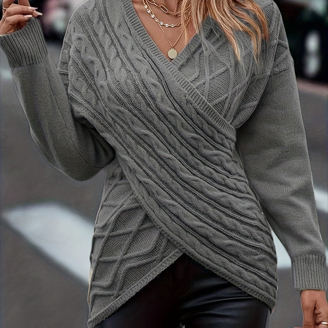 Plus Size Elegant Sweater, Women's Plus Solid Cable Drop Shoulder Long Sleeve Wrap Cross V Neck Jumper grey