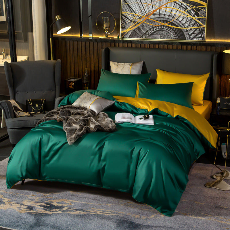 Cotton Sheet and Pillowcase Four-piece Set Dark green turmeric