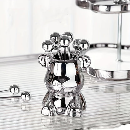 Set, Nordic Light Luxury Fruit Fork Bear Set, Household Stainless Steel Fruit Fork, High Value Storage Bear, Party Supplies, Birthday Day Gift, Birthday Day Decor, Party Supplies, Party Decor, Table Decor, Kitchen Decor, Dessert Decor