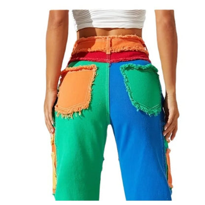 Distressed Color Patchwork Women Denim Pants Fringe High Waist Zipper Fly Jeans 2023 Fall Winter Y2K Streetwear Sexy Club Outfit