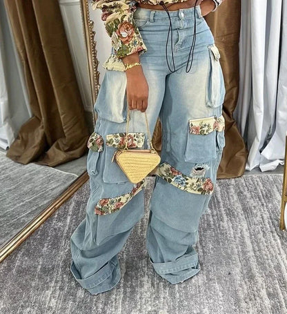 BWQ Washed Denim Women's Set Full Sleeve Floral Jacket and Pockets Cargo Jeans Pants Suit 2025 Street Two 2 Piece Set Outfit