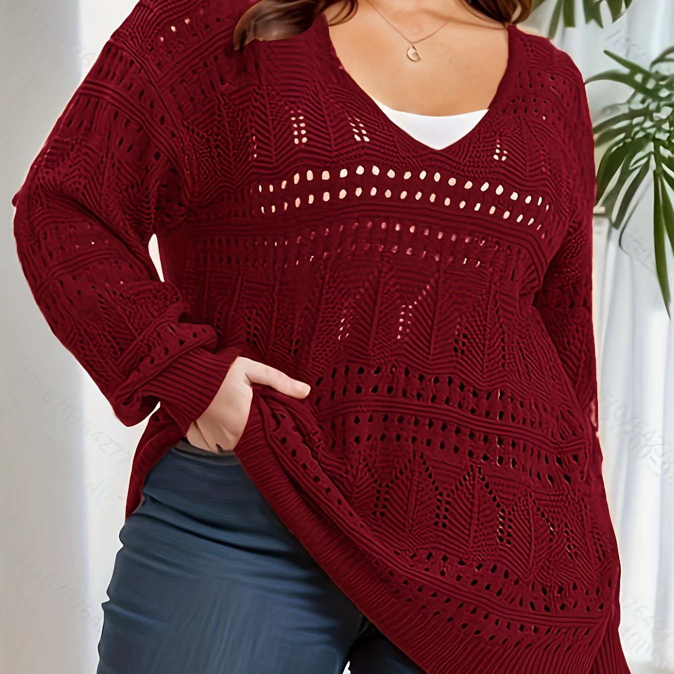 Plus Size Casual Knit Top, Women's Plus Solid Hollow Out Long Sleeve V Neck Sheer Pullover Sweater Brick Red