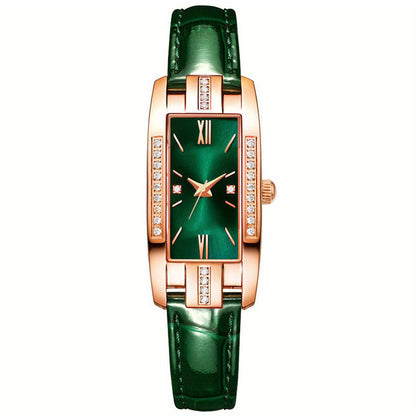 Lady Quartz Small Watch With Square Roman Numerals Dial Vintage Dress Watch Rhinestone Wristwatches Green