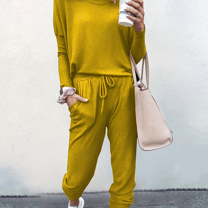 Casual Solid Two-piece Set, Long Sleeve T-shirt & Drawstring Pants Outfits, Women's Clothing Yellow