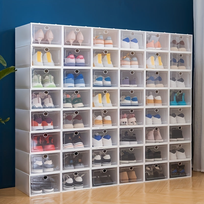 12pcs Thickened Plastic Shoes Boxes Transparent Easy Assembly Shoes Organizer Dustproof PP Shoes Box For Men And Women Side Opening Door Shoes Cabinet High Quality Shoes Storage Box