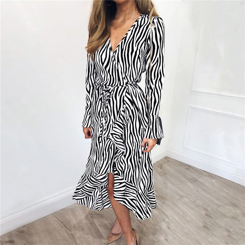 V-neck chiffon print long-sleeved high waist ladies dress white