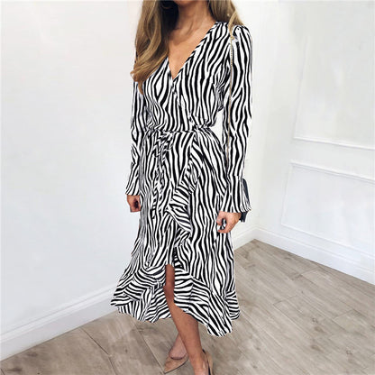 V-neck chiffon print long-sleeved high waist ladies dress white