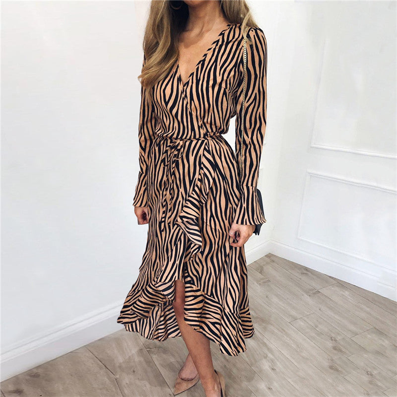 V-neck chiffon print long-sleeved high waist ladies dress Khaki