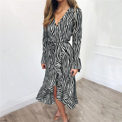 V-neck chiffon print long-sleeved high waist ladies dress