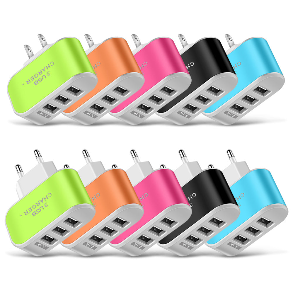 3-Port USB Wall Charger with LED Indicator - Candy Color US-Spec Power Adapter for Home Charging
