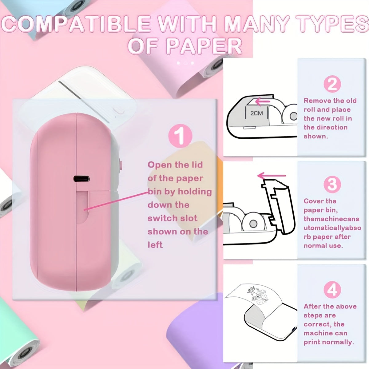 Mini Photo Printer For IPhone/Android,1000mAh Portable Thermal Photo Printer For Gift Study Notes Work Children Photo Picture Memo
