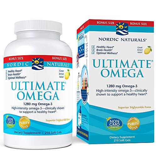 Nordic Naturals Ultimate Omega, Lemon Flavor - 210 Soft Gels - 1280 mg Omega-3 - High-Potency Omega-3 Fish Oil with EPA & DHA - Promotes Brain & Heart Health - Non-GMO - 105 Servings Lemon 210 Count (Pack of 1)