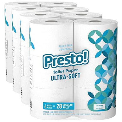Amazon Brand - Presto! 308-Sheet Mega Roll Toilet Paper, Ultra-Soft, 6 Count (Pack of 4), 24 Mega Rolls = 112 regular rolls