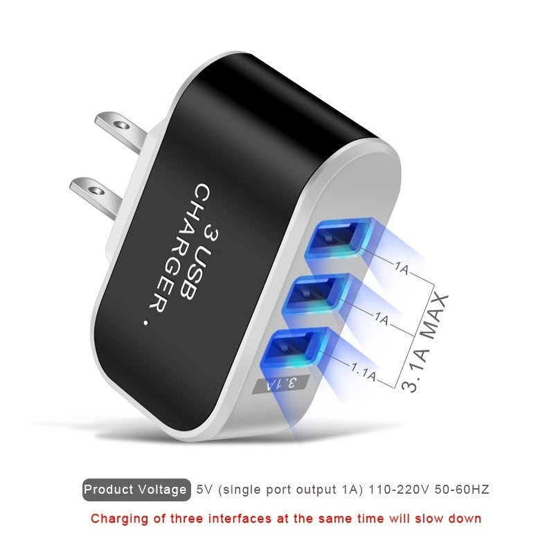 3-Port USB Wall Charger with LED Indicator - Candy Color US-Spec Power Adapter for Home Charging