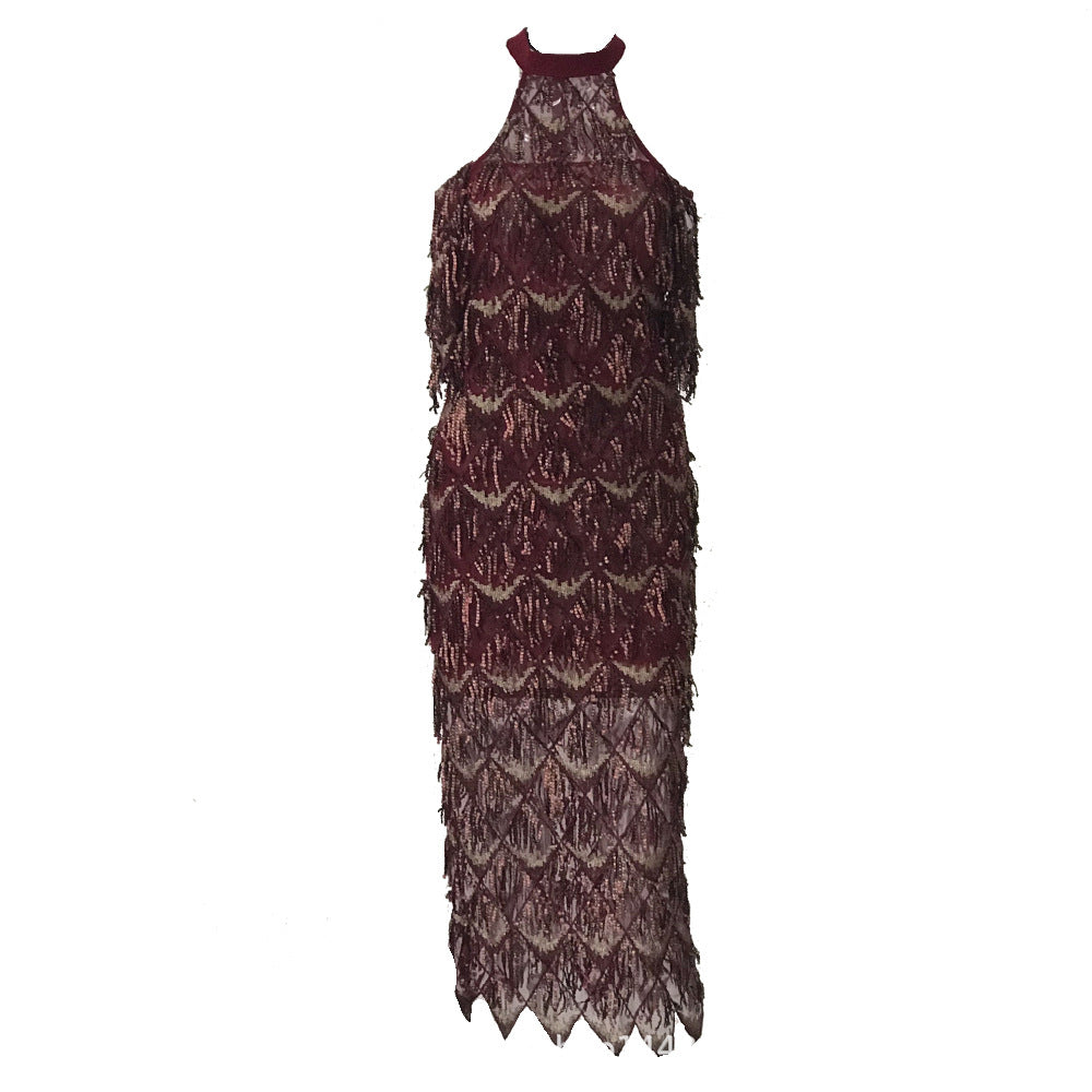 Adyce Elegant Sequins Evening Party Dress Vestidos Verano 2019 New Mesh Runway Dress Sexy Night Club Tassels Woman Fringe Dress Red wine