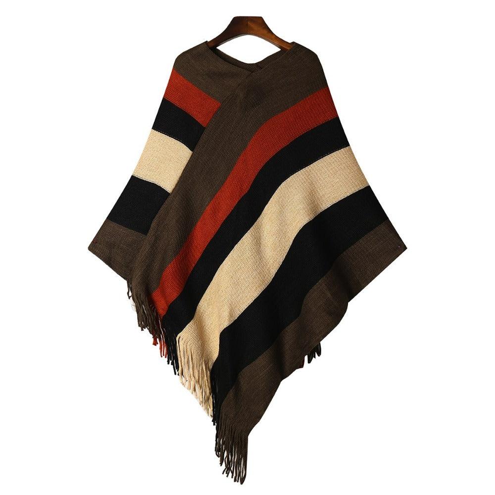 Tassel Knitted Sweater Poncho Sexy Striped V neck