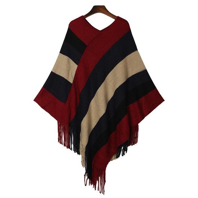 Tassel Knitted Sweater Poncho Sexy Striped V neck Red One Size