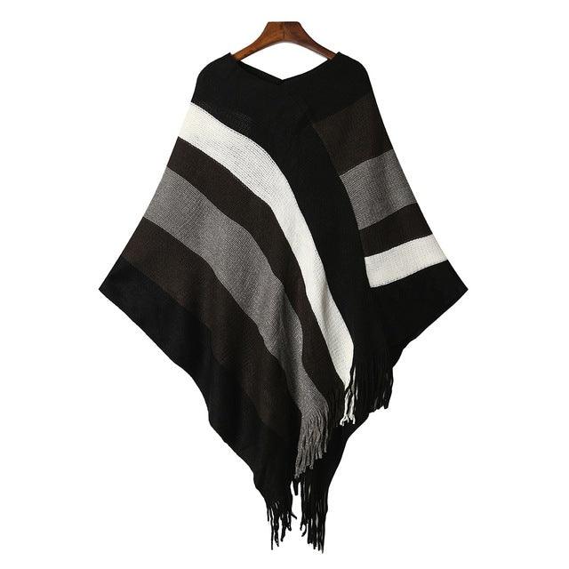 Tassel Knitted Sweater Poncho Sexy Striped V neck Black One Size