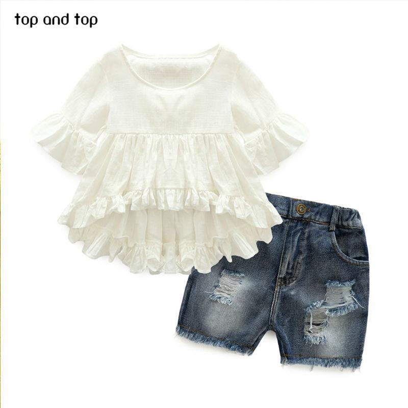 Top and Top High Quality New Fashion Girls Clothing Kids Clothes Fairy Style Cotton Flounced Sleeves Casual Coat Jeans