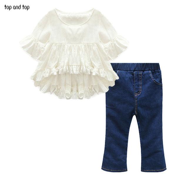 Top and Top High Quality New Fashion Girls Clothing Kids Clothes Fairy Style Cotton Flounced Sleeves Casual Coat Jeans