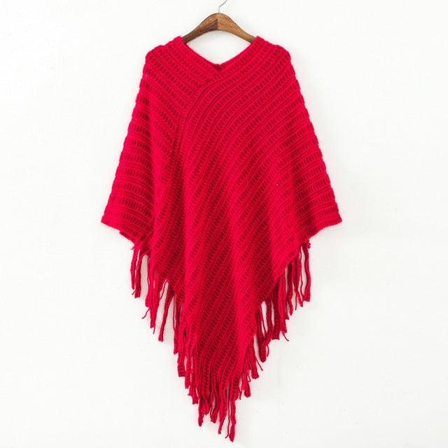 Women Sweater Poncho Red One Size