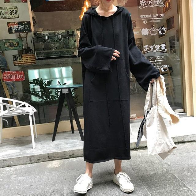 Oversized Casual Ladies Hooded Dress Black One Size