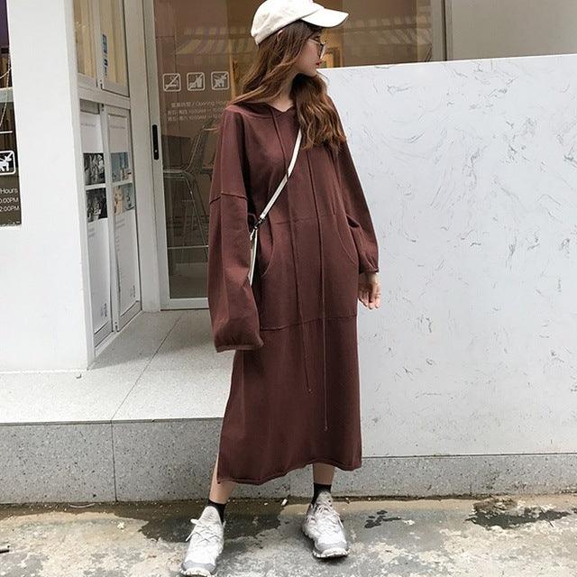 Oversized Casual Ladies Hooded Dress Brown One Size