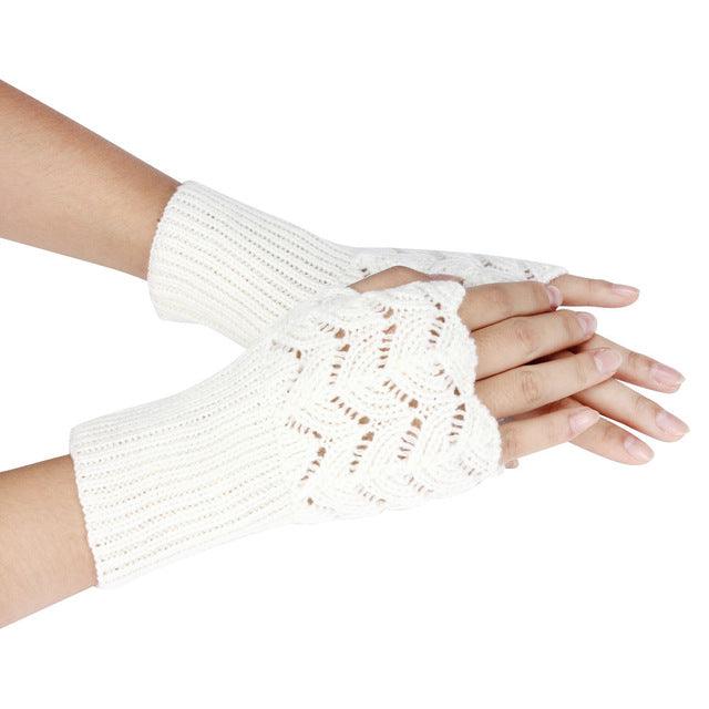 Women's Warm Winter Brief Paragraph Knitting Half Fingerless Gloves White