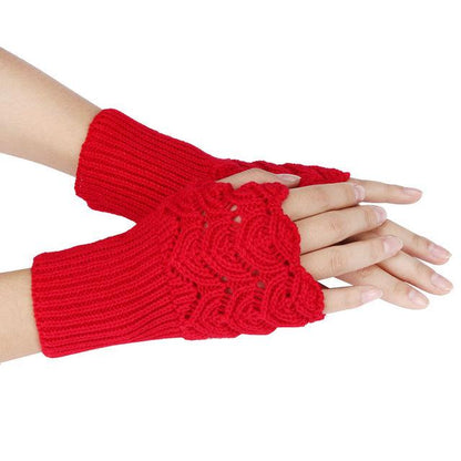Women's Warm Winter Brief Paragraph Knitting Half Fingerless Gloves Red