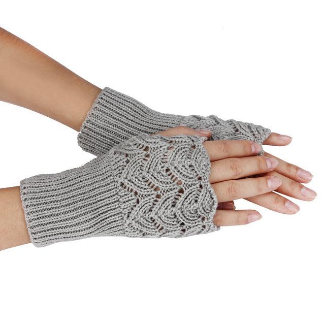 Women's Warm Winter Brief Paragraph Knitting Half Fingerless Gloves Gray