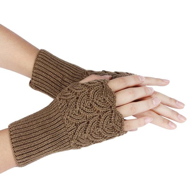Women's Warm Winter Brief Paragraph Knitting Half Fingerless Gloves Khaki