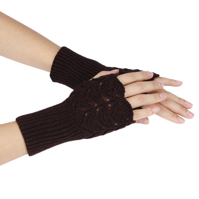 Women's Warm Winter Brief Paragraph Knitting Half Fingerless Gloves Coffee