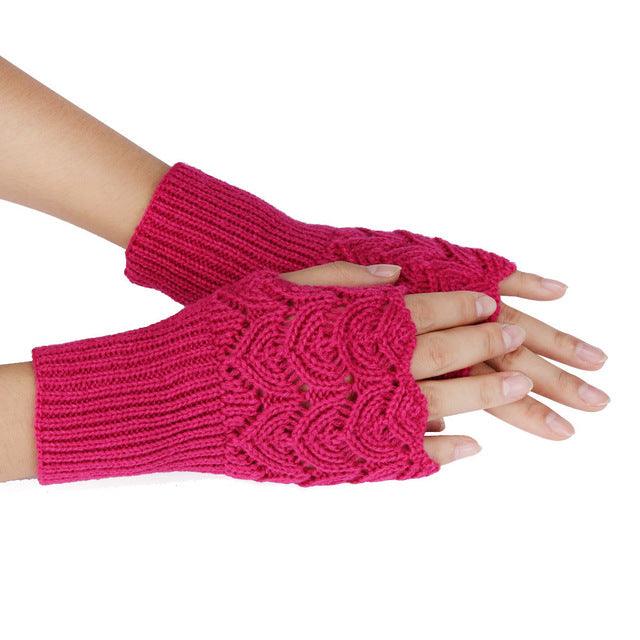 Women's Warm Winter Brief Paragraph Knitting Half Fingerless Gloves Hot Pink