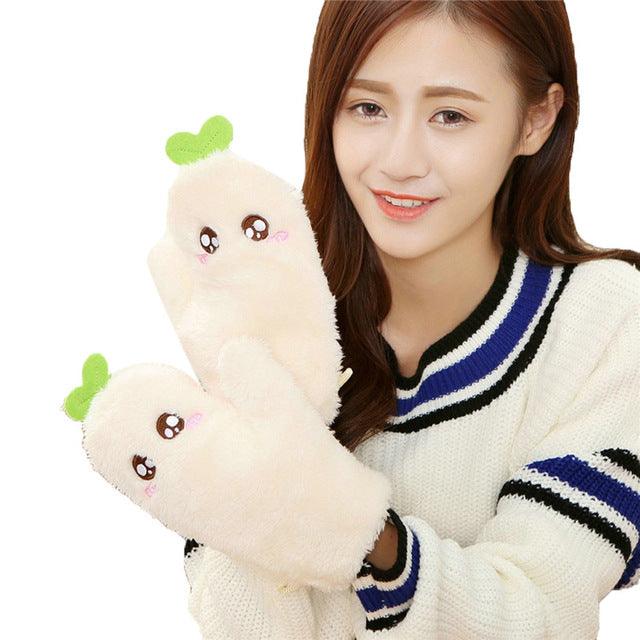 Women Winter Warmer Gloves Plush Mittens White