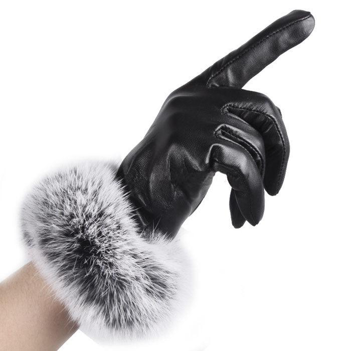 Women Lady Black Leather Gloves Autumn Winter Warm Rabbit Fur