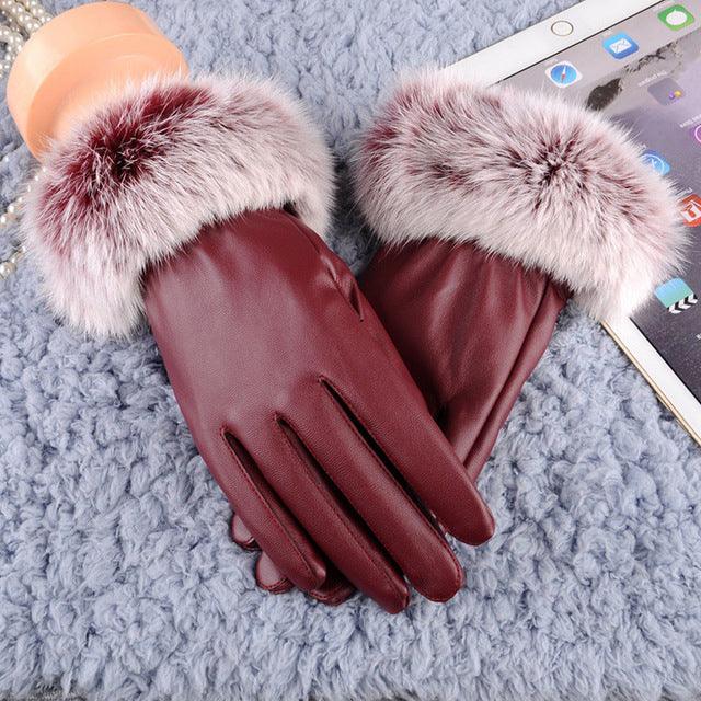 Women Lady Black Leather Gloves Autumn Winter Warm Rabbit Fur Red