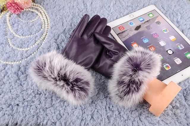 Women Lady Black Leather Gloves Autumn Winter Warm Rabbit Fur Purple