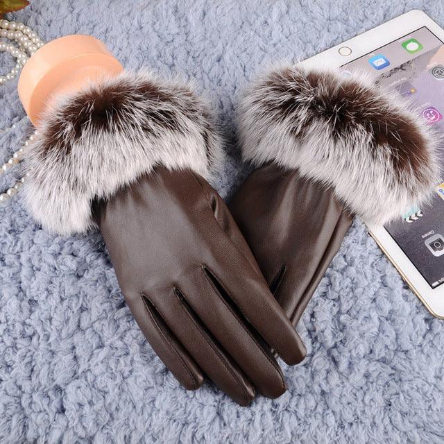 Women Lady Black Leather Gloves Autumn Winter Warm Rabbit Fur Coffee