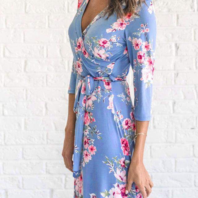Women's Autumn Winter Sexy Seven Points Sleeve Print Dress 2017 girl lady plus size Ankle-Length Daily party dress ship from USA Sky Blue