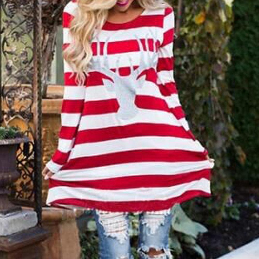 Women Fashion Stripe Dress Round Collar Christmas Elk Long Sleeve Casual Dress family dress mom girl fashion dress ship from USA