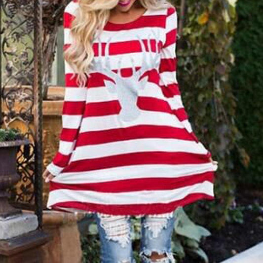 Women Fashion Stripe Dress Round Collar Christmas Elk Long Sleeve Casual Dress family dress mom girl fashion dress ship from USA